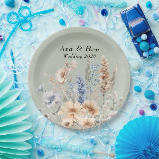 セージグリーンダスティブルーワイルドフラワー結婚ズ ペーパープレート (パーティー)