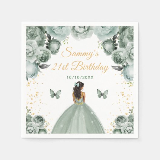 セージグリーンダークスキンプリンセス誕生日パーティー スタンダードカクテルナプキン (正面)