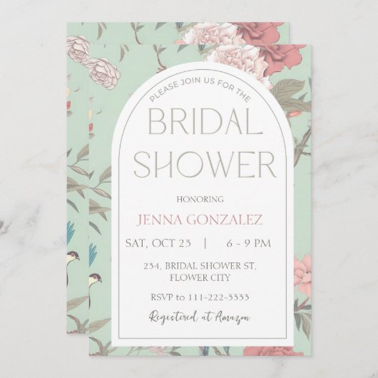 セージグリーンチノワセリーボタニカルブライダルシャワー 招待状 (正面/裏面)