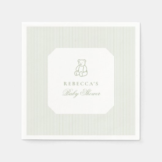 セージグリーンテディベア名門私立校風のベビーエレガントシャワー スタンダードカクテルナプキン (正面)