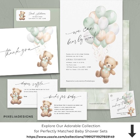 セージグリーンテディベア我々はテーマを待つことができる サンキューカード