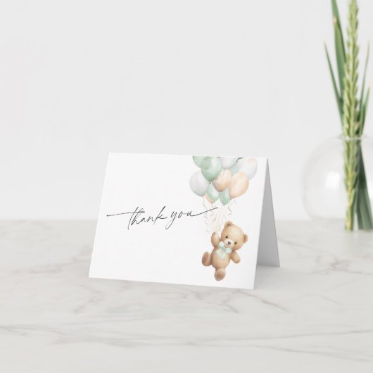 セージグリーンテディベア我々はテーマを待つことができる サンキューカード (正面)
