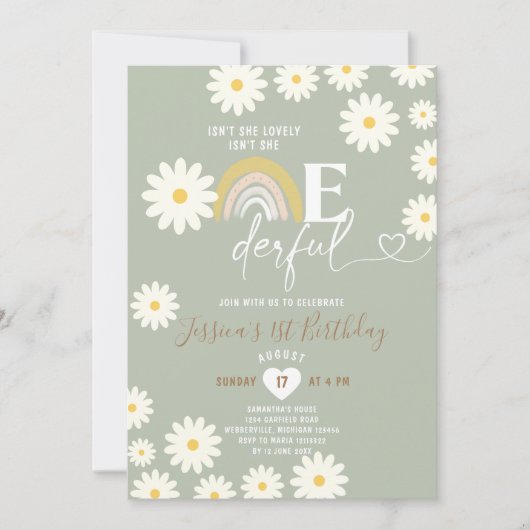 セージグリーンデイジーは彼女オンダーフル誕生日 招待状 (正面)