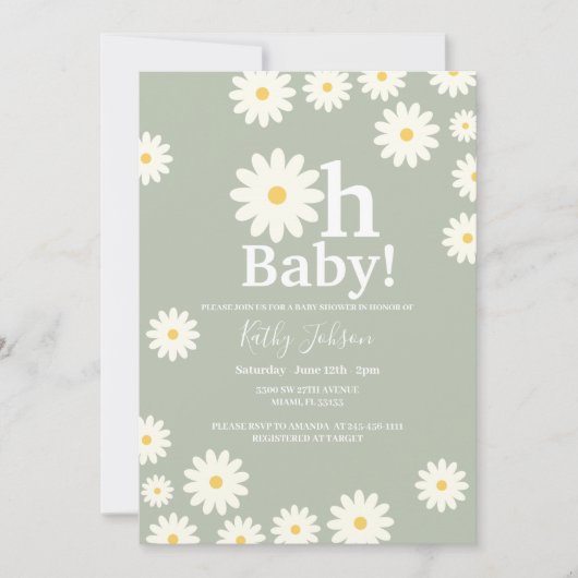 セージグリーンデイジーフローラボヘミアンガールベビーシャワー 招待状 (正面)