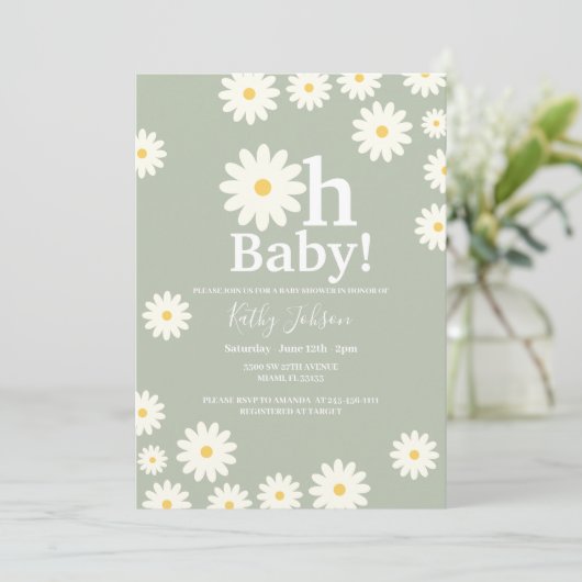セージグリーンデイジーフローラボヘミアンガールベビーシャワー 招待状 (スタンド正面)