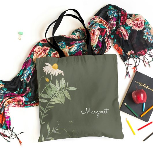 セージグリーンデイジーフローラ ミニマル トートバッグ