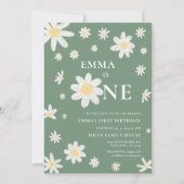 セージグリーンデイジー最初の1歳の誕生日の招待状1 招待状 (正面)