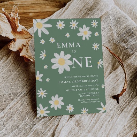 セージグリーンデイジー最初の1歳の誕生日の招待状1 招待状