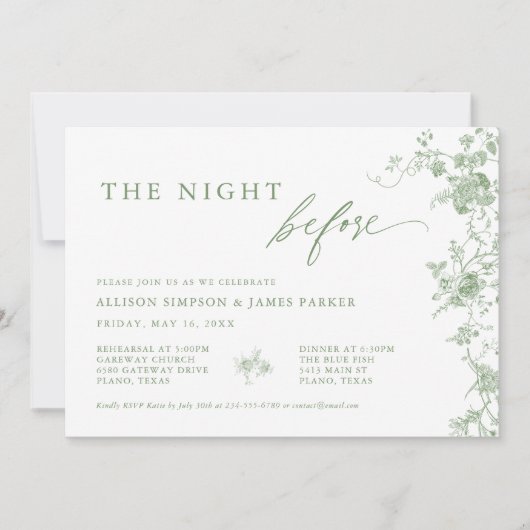 セージグリーントイルフローラ結婚のリハーサルディナー 招待状 (正面)