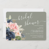 セージグリーンネイビーフローラブライダルシャワー 招待状 (正面)