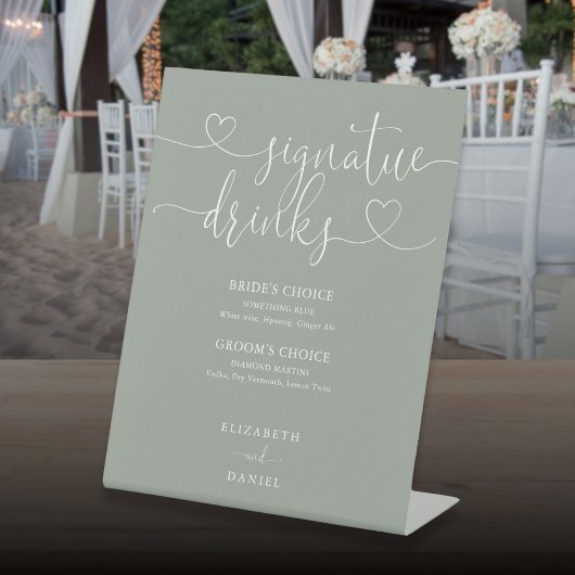 セージグリーンハートスクリプト結婚式シグネチャードリンク 台座サイン