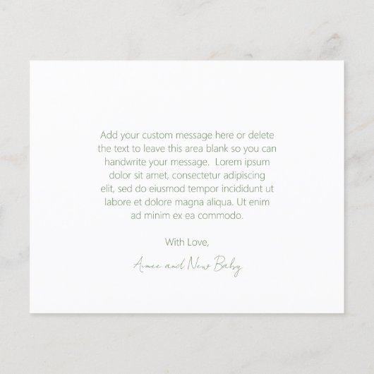 セージグリーンバジェットベビーシャワーサンキューカード (裏面)