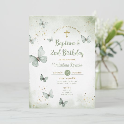 セージグリーンバタフライガール第3誕生日バプテスマ 招待状 (スタンド正面)