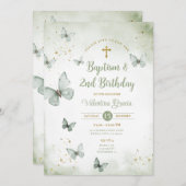 セージグリーンバタフライガール第3誕生日バプテスマ 招待状 (正面/裏面)