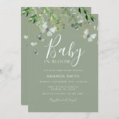 セージグリーンバタフライベビーイン開花ベビーシャワー 招待状 (正面/裏面)