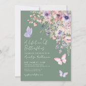 セージグリーンバタフライワイルドフラワーブライダルシャワー 招待状 (正面)