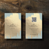 セージグリーンバラゴールドフォイルブラシストロークQRコード 名刺