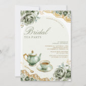 セージグリーンバラフローラティーパーティーブライダルシャワー 招待状 (正面)
