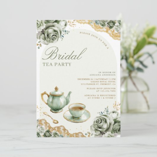 セージグリーンバラフローラティーパーティーブライダルシャワー 招待状 (スタンド正面)