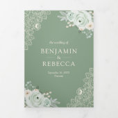 セージグリーンバラレースフローラクリームQRコード結婚ズ 三つ折り招待状 (カバー)
