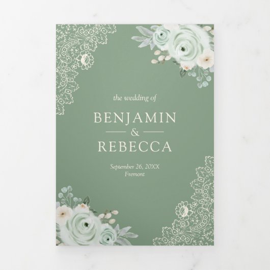 セージグリーンバラレースフローラクリームQRコード結婚ズ 三つ折り招待状 (カバー)