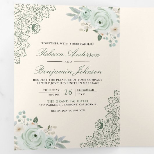 セージグリーンバラレースフローラクリームQRコード結婚ズ 三つ折り招待状 (内部最初)