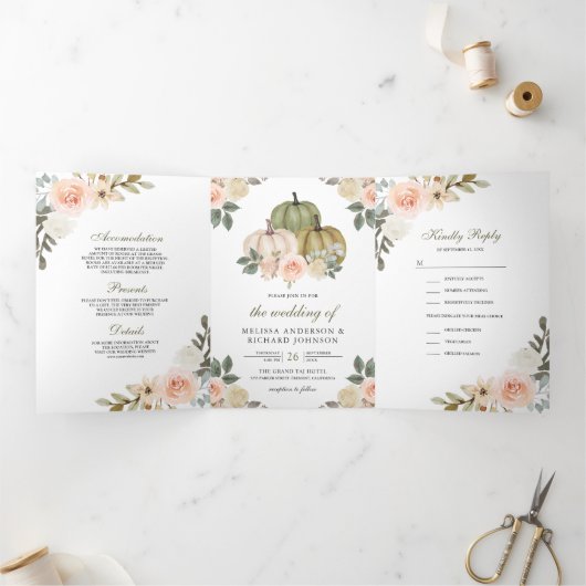 セージグリーンパンプキンアンドダスティピーチ結婚フローラ 三つ折り招待状 (内部)