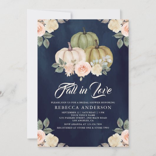 セージグリーンパンプキンピーチフローラネイビーブライダルシャワー 招待状 (正面)