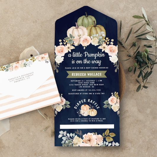 セージグリーンパンプキンピーチフローラネイビーベイビーシャワー オールインワン招待状