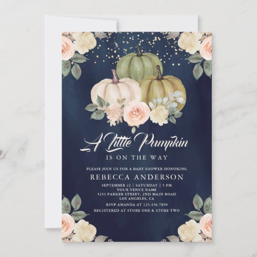 セージグリーンパンプキンピーチフローラネイビーベイビーシャワー 招待状 (正面)