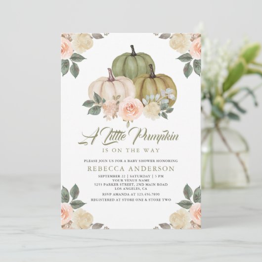 セージグリーンパンプキンピーチフローラ秋ベビーシャワー 招待状 (スタンド正面)