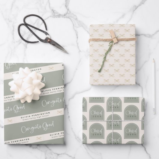 セージグリーンパーソナライズされた卒業 ラッピングペーパーシート (正面)