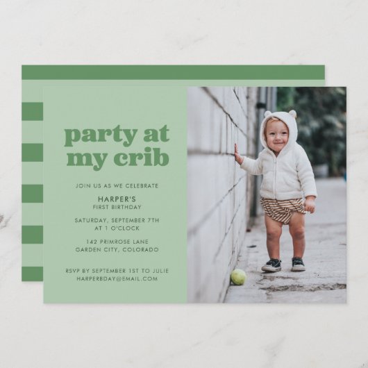 セージグリーンパーティーアットマイクリブ1st誕生日パーティー 招待状 (正面/裏面)