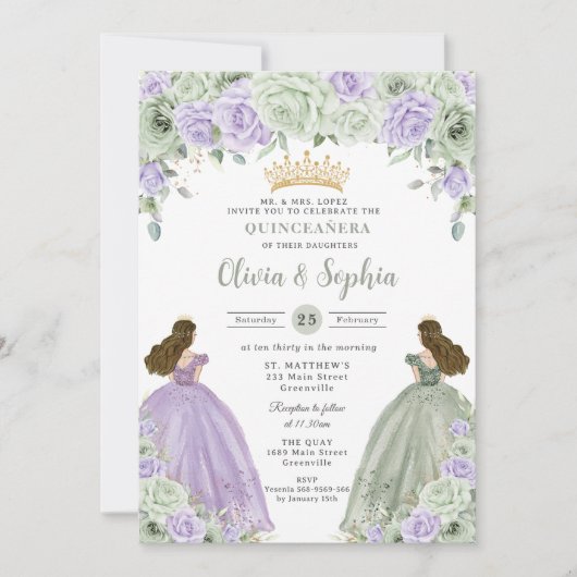 セージグリーンパープルフローラツインガールズキンセアニラ 招待状 (正面)