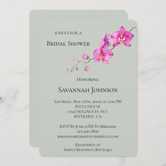 セージグリーンピンクオーキッドフローラブライダルシャワー 招待状 (正面/裏面)