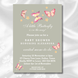 セージグリーンピンクピーチバタフライベビーガールシャワーI 招待状