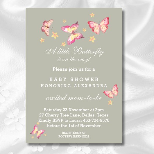セージグリーンピンクピーチバタフライベビーガールシャワーI 招待状