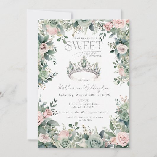 セージグリーンピンクフローラティアラクラウンシルバースウィート16 招待状 (正面)