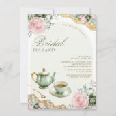 セージグリーンピンクフローラティーパーティーブライダルシャワー 招待状 (正面)
