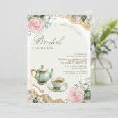 セージグリーンピンクフローラティーパーティーブライダルシャワー 招待状 (スタンド正面)