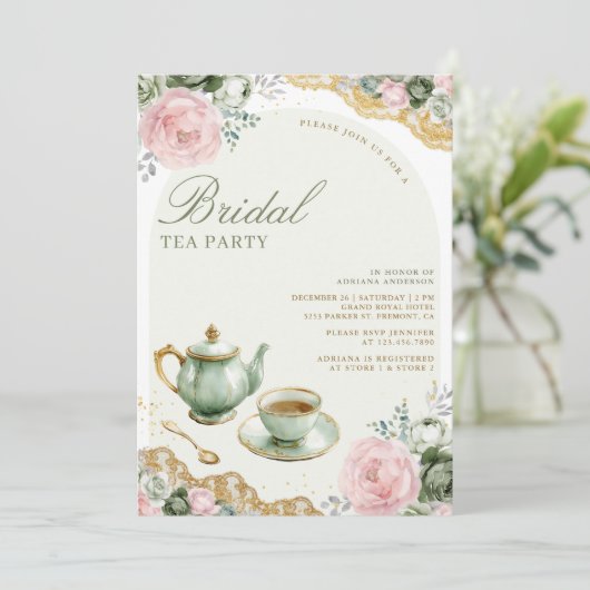 セージグリーンピンクフローラティーパーティーブライダルシャワー 招待状 (スタンド正面)
