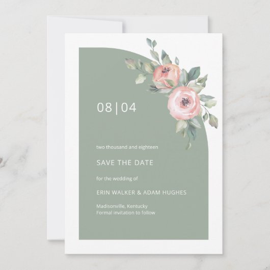 セージグリーンピンクフローラモノグラムハーフア結婚ーチズ セーブザデート (正面)