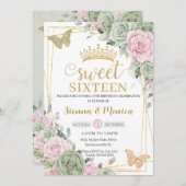 セージグリーンピンクフローラ蝶スウィート16ツイン 招待状 (正面/裏面)
