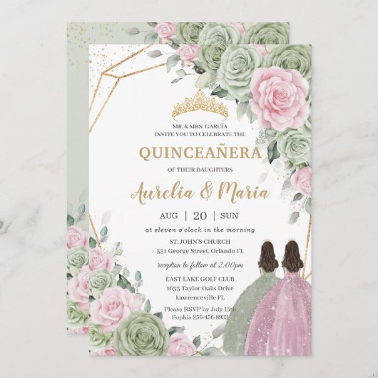 セージグリーンピンクフローラ金ゴールドキンセアニラツインズ 招待状 (正面/裏面)