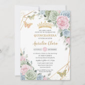 セージグリーンピンクブルーフローラキンセアニラスウィート16 招待状 (正面)