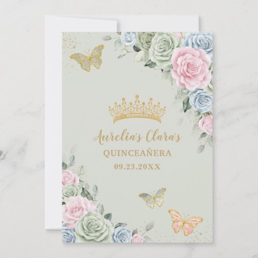 セージグリーンピンクブルーフローラキンセアニラスウィート16 招待状 (裏面)