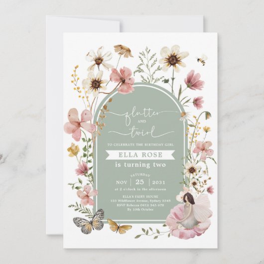 セージグリーンピンクボホフェアリーワイルドフラワー誕生日 招待状 (正面)