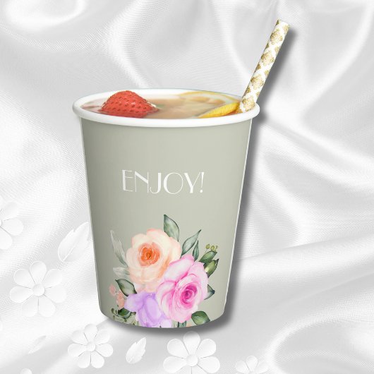 セージグリーンピンクローゼズブライトフローラブライダルシャワー 紙コップ