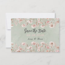 セージグリーンピンク牡丹の結婚式Save The Dateカード