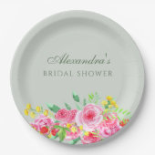 セージグリーンピンク牡丹ブライダルシャワー ペーパープレート (正面)